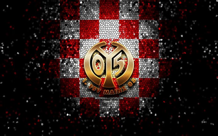 Mainz 05 FC, glitter logo, Bundesliga, kırmızı beyaz damalı arka plan, futbol, FSV Mainz 05, Alman Futbol Kul&#252;b&#252;, FSV Mainz 05 logo, mozaik sanatı, Almanya, Mainz 05