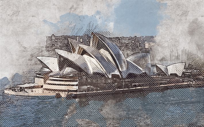 Sydney Opera House, Sydney, Australien, grunge konst, kreativ konst, m&#229;lade Sydney Opera House, ritning, Sydney Opera House grunge, digital konst, Sydney grunge