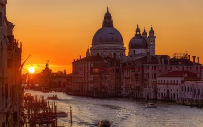 Basilica di Santa Maria della Salut, Venice, Punta della Dogana, Roman Catholic church, evening, sunset, landmark, Venice cityscape, Italy