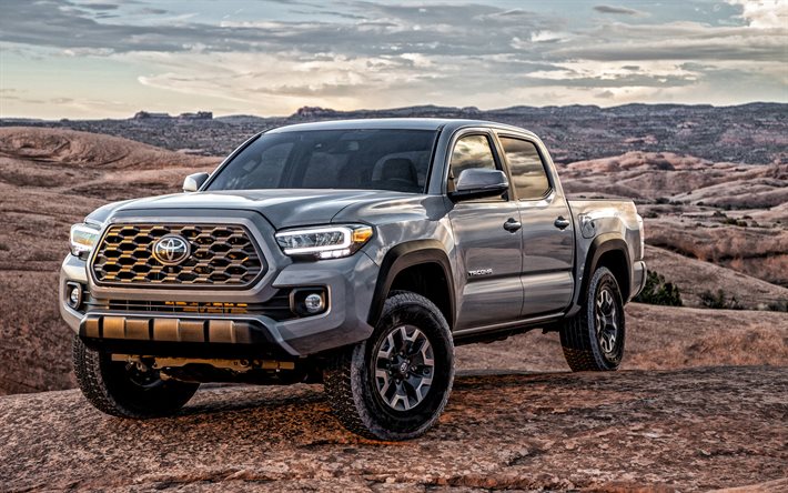 Toyota Tacoma TRD, 2020, front view, exterior, gray pickup truck, new gray Tacoma, american cars, Toyota