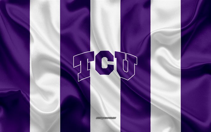 TCU Horned Frogs, Amerikkalainen jalkapallo joukkue, tunnus, silkki lippu, violetti-valkoinen silkki tekstuuri, NCAA, TCU Horned Frogs-logo, Fort Worth, Texas, USA, Amerikkalainen jalkapallo, Texas Christian University