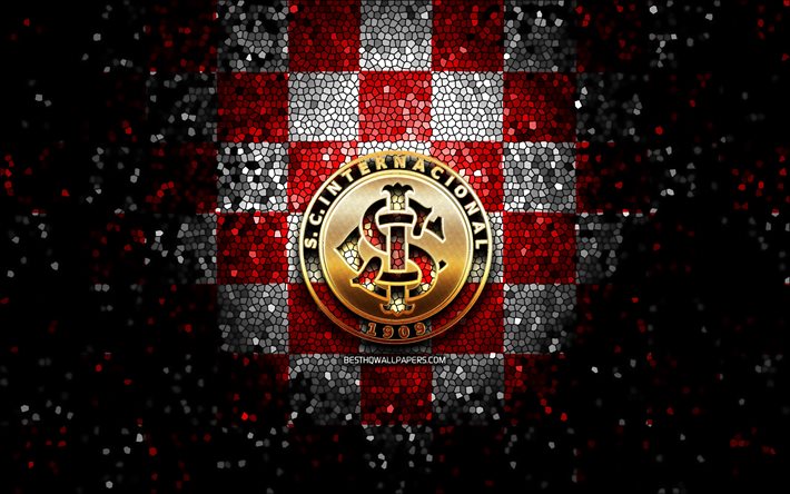 SC Internacional, glitter, logo, Serie A, rosso, bianco, sfondo a scacchi, calcio, Internazionale FC, club sportivo brasiliano, Internacional logo, mosaico di arte, di calcio, Brasile