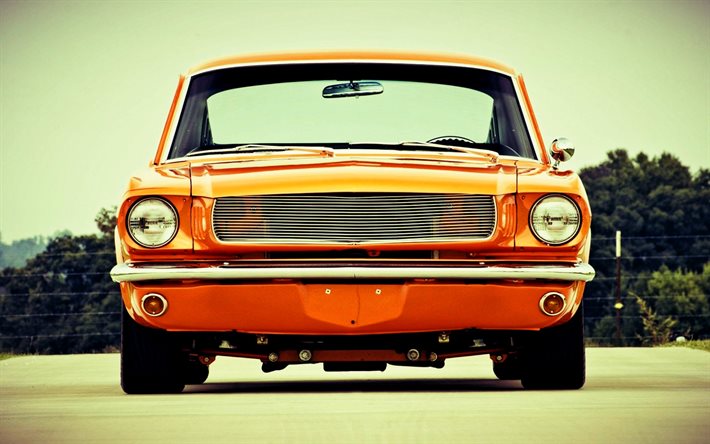 Ford Mustang, vista frontal, 1967 carros, tuning, retro carros, muscle cars, laranja Mustang, 1967 Ford Mustang, os carros americanos, Ford