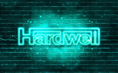 Hardwell turquesa logotipo de 4k, superestrellas, holandés DJs, turquesa brickwall, Hardwell logotipo, Robbert van de Corput, Hardwell, estrellas de la música, Hardwell neón logotipo