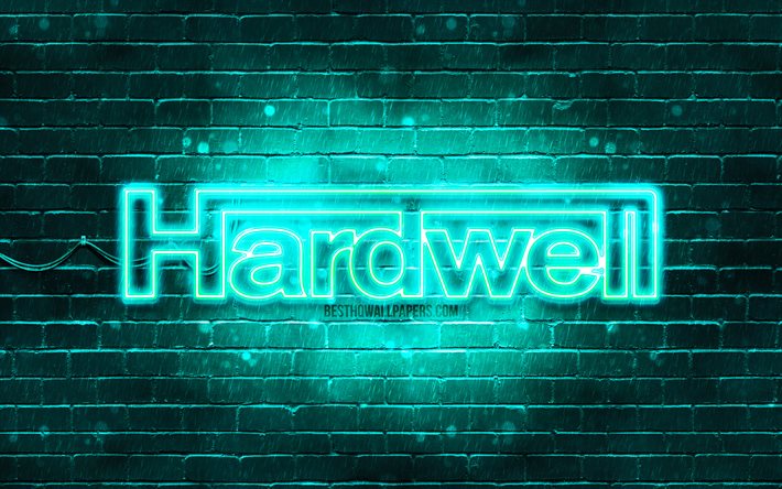 Hardwell turquoise logo, 4k, superstars, n&#233;erlandais DJs, turquoise brickwall, Hardwell logo, Robbert van de Corput, Hardwell, stars de la musique, Hardwell n&#233;on logo