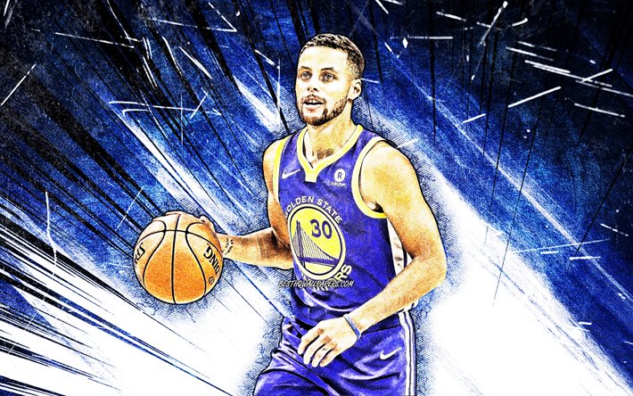 Stephen Curry, grunge sanat, NBA, 4k, Golden State Warriors, basketbol yıldızları, Steph Curry, mavi soyut ışınları, Stephen Curry Golden State Warriors, basketbol, Stephen Curry 4K