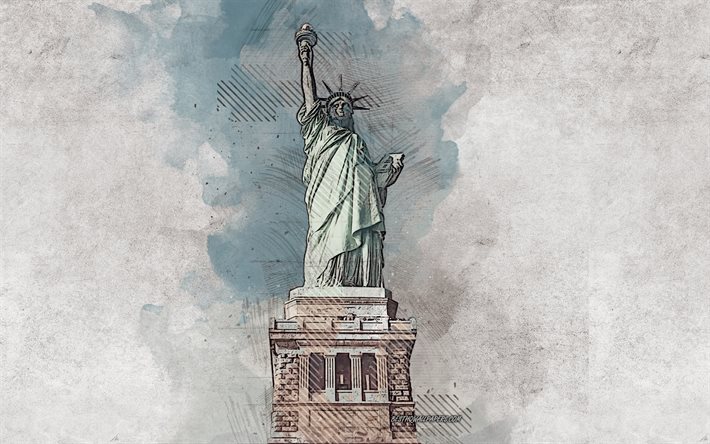 自由の女神像, ニューヨーク, 米国, グランジア, 【クリエイティブ-アート, 塗装は自由の女神像, 図面, 自由の女神像グランジ, デジタルアート, ニューヨークグランジ