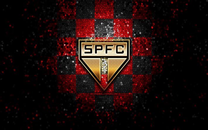 Sao Paulo FC, glitter logo, Serie A, red black checkered background, soccer, Sao Paulo, brazilian football club, Sao Paulo FC logo, mosaic art, football, Brazil, SPFC