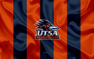 UTSA Roadrunners, American football team, emblem, silk flag, orange-blue silk texture, NCAA, UTSA Roadrunners logo, San Antonio, Texas, USA, American football, University of Texas