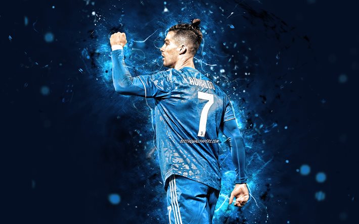 4k, Cristiano Ronaldo, 背面, 2020, ユベントスFC, CR7, 青い制服, ポルトガル語サッカー選手, イタリア, ユヴェント, サッカー, CR7ゃ, サッカー星, シリーズ, 青色のネオン