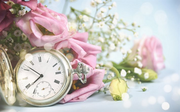 gold pocket watch, time concepts, yellow roses, pink roses, mood concepts
