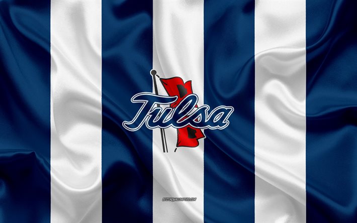 Tulsa Golden Hurricane, American football team, emblem, silk flag, blue and white silk texture, NCAA, Tulsa Golden Hurricane logo, Tulsa, Oklahoma, USA, American football, University of Tulsa