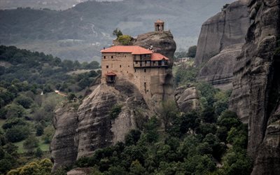 Meteora, Klostret på berget, natt, sunset, stenar, Landmärke, bergslandskapet, Thessalien, Grekland, Östra Ortodoxa kloster