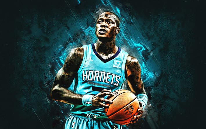 Terry Rozier, NBA, Charlotte Hornets, blue stone background, American Basketball Player, portrait, USA, basketball, Charlotte Hornets players, Terry William Rozier III
