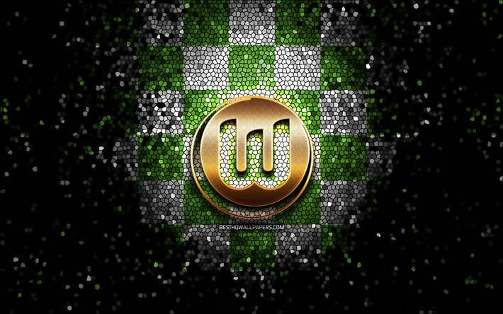 Wolfsburg FC, glitter-logo, Bundesliiga, vihre&#228; valkoinen ruudullinen tausta, jalkapallo, VfL Wolfsburg, saksalainen jalkapalloseura, Wolfsburg logo, mosaiikki taidetta, Saksa