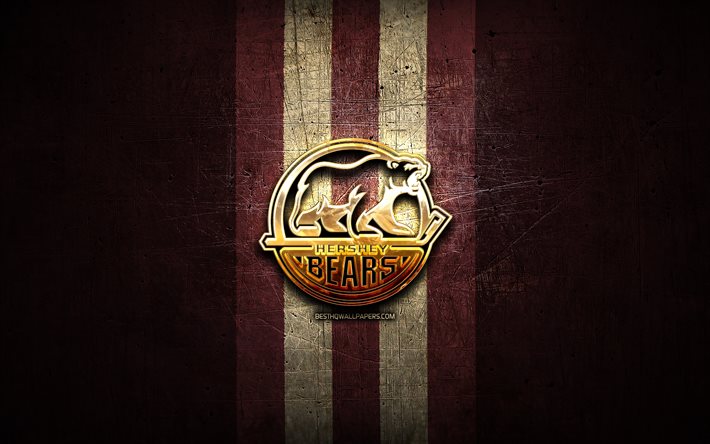 hershey bears, golden logo, ahl, lila-metallic hintergrund, amerikanische eishockey-team, american hockey league, hershey bears logo, hockey, usa