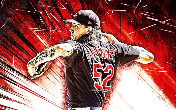 4k, Mike Clevinger, grunge, arte, MLB Cleveland Indians, Sole, lanciatore di baseball, Francisco Miguel Lindor, Major League di Baseball, rosso, astratto raggi, Mike Clevinger Cleveland Indians, Mike Clevinger 4K
