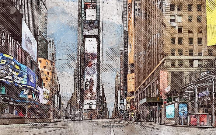 Times Square, New York, USA, grunge, arte, creativo, dipinto a Times Square, disegno, arte digitale, New York grunge