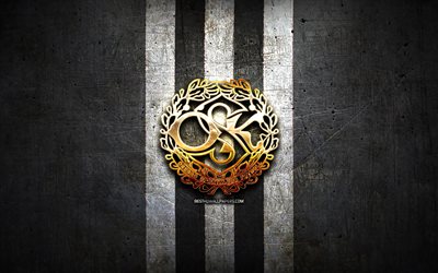 Orebro FC, golden logo, Allsvenskan, black metal background, football, Orebro SK, swedish football club, Orebro logo, soccer, Sweden