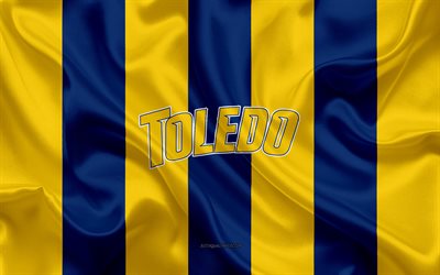 Toledo Rockets, American football team, emblem, silk flag, yellow blue silk texture, NCAA, Toledo Rockets logo, Toledo, Ohio, USA, American football