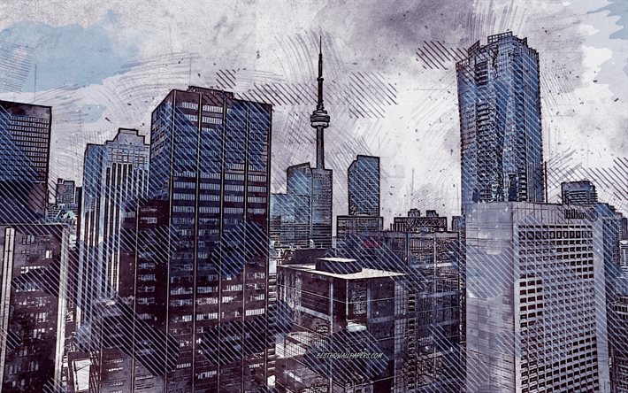 Toronto, Kanada, grunge art, creative art, maalattu Toronto, piirustus, Toronto grunge, digitaalista taidetta, Toronton kaupunkikuva grunge