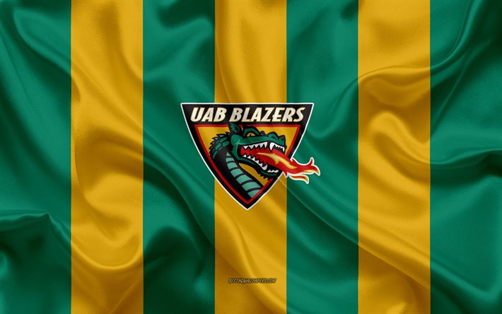 UAB Blazers, Amerikkalainen jalkapallo joukkue, tunnus, silkki lippu, vihre&#228; keltainen silkki tekstuuri, NCAA, UAB Blazers logo, Birmingham, Alabama, USA, Amerikkalainen jalkapallo, University of Alabama