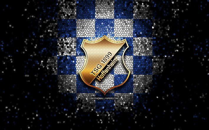 TSG 1899 Hoffenheim-FC, glitter logotyp, Bundesliga, bl&#229;-vit rutig bakgrund, fotboll, TSG 1899 Hoffenheim, tysk fotboll club, TSG 1899 Hoffenheim logotyp, mosaik konst, Tyskland