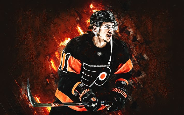 Travis Konecny, Philadelphia Flyers NHL, Kanadalı hokey oyuncusu, portre, turuncu taş arka plan, ABD, hokey, Ulusal Hokey Ligi