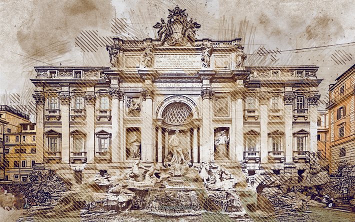 Trevi Fountain, Rome, Italy, grunge art, creative art, painted Trevi Fountain, drawing, Trevi Fountain grunge, digital art
