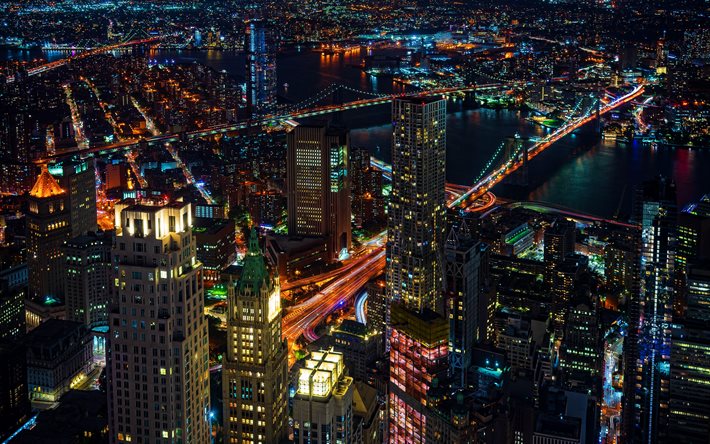 جسر مانهاتن, جسر بروكلين, 4k, مانهاتن, بانوراما, المدن الأمريكية, nightscapes, مدينة نيويورك, نيويورك في الليل, ناطحات السحاب, نيويورك, الولايات المتحدة الأمريكية, مدن نيويورك, أمريكا