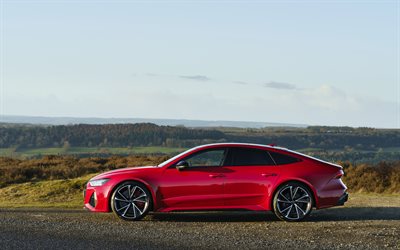 Audi RS7 Sportback, 2020, side view, exterior, red coupe, new red RS7 Sportback, German cars, Audi