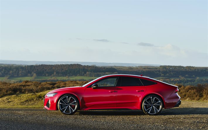 ウディRS7Sportback, 2020, 側面, 外観, 赤色のクーペ, 新しい赤色RS7Sportback, ドイツ車, Audi