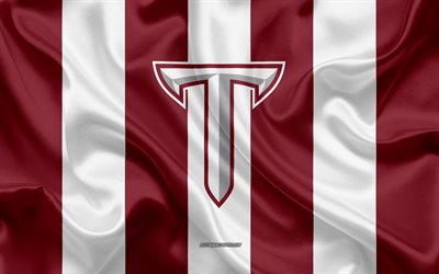 Troy Trojans, American football team, emblem, silk flag, red and white silk texture, NCAA, Troy Trojans logo, Troy, Alabama, USA, American football, Troy University