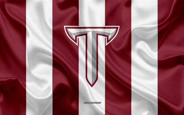 Troy Cavalos De Tr&#243;ia, Time de futebol americano, emblema, seda bandeira, vermelho e branco de seda textura, NCAA, Troy Trojans logotipo, Troy, Alabama, EUA, Futebol americano, Troy Universidade