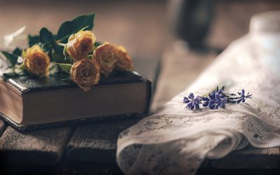 book on the table, dried roses, old book, white tulle, beautiful flowers