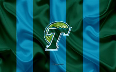 Tulane Green Wave, American football team, emblem, silk flag, blue green silk texture, NCAA, Tulane Green Wave logo, New Orleans, Louisiana, USA, American football
