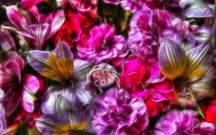 colorful abstract flowers, artwork, colorful neon lights, abstract art, abstract floral background, background with flowers, creative