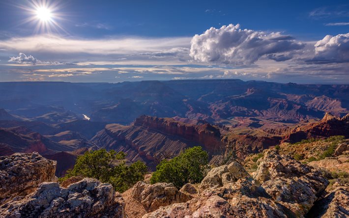 4k, Grand Canyon, parlak g&#252;neş, &#231;&#246;l, yaz, dağlar, ABD, Amerika, g&#252;zel bir doğa, Amerikan tarihinin