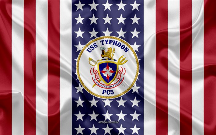uss typhoon-emblem, pc-5, american flag, us-navy, usa, uss typhoon abzeichen, us-kriegsschiff, wappen der uss typhoon