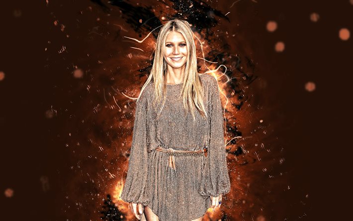 Gwyneth Paltrow, 4k, marr&#243;n luces de ne&#243;n, de Hollywood, american celebridades, estrellas de cine, Gwyneth Kate Paltrow Martin, belleza, fan art, actriz estadounidense, superestrellas, Gwyneth Paltrow 4K