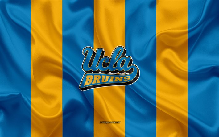 UCLA Bruins, Time de futebol americano, emblema, seda bandeira, amarelo-azul de seda textura, NCAA, UCLA Bruins logotipo, Pasadena, Calif&#243;rnia, EUA, Futebol americano, Universidade da Calif&#243;rnia, Los Angeles
