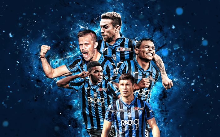Josip Ilicic, Amad Traore, Alejandro Gomez, Luis Muriel, 4k, Atalanta FC, football stars, Serie A, Atalanta team, neon lights, soccer, Atalanta BC