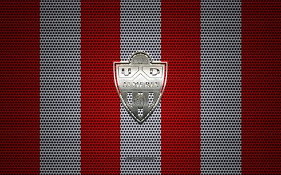 UD Almeria logo, Spanish football club, metal emblem, red and white metal mesh background, UD Almeria, Almeria, Spain, football