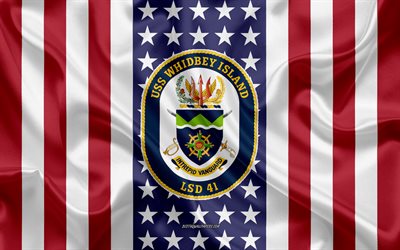 USS Whidbey Island Emblem, LSD-41, American Flag, US Navy, USA, USS Whidbey Island Badge, US warship, Emblem of the USS Whidbey Island