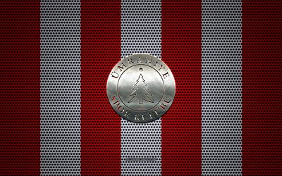 Umraniyespor logo, Turkish football club, metal emblem, red and white metal mesh background, TFF 1 Lig, Umraniyespor, TFF First League, Istanbul, Turkey, football