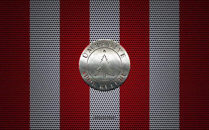 Umraniyespor logotipo, Turco futebol clube, emblema de metal, vermelho e branco da malha do metal de fundo, Liga 1 Da Liga, Umraniyespor, TFF Primeira Liga, Istambul, A turquia, futebol