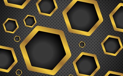 gold hexagons patterns, creative, artwork, 3D hexagons, background with hexagons, black backgrounds, golden hexagons
