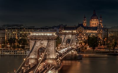 جسر السلسلة ،, St Stephen, بودابست, المجر, مساء, غروب الشمس, معلم, بودابست سيتي سكيب, الروم الكاثوليك كنيسة