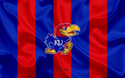 Kansas Jayhawks, American football team, emblem, silk flag, red-blue silk texture, NCAA, Kansas Jayhawks logo, Lawrence, Kansas, USA, American football