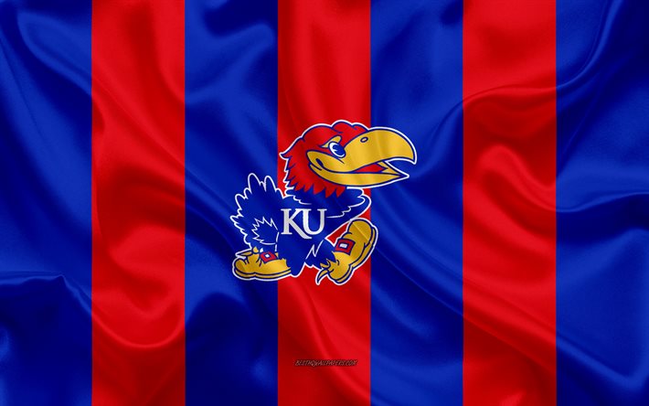 Kansas Jayhawks, squadra di football Americano, emblema, seta, bandiera, rosso-blu, texture, NCAA, Kansas Jayhawks logo, Lawrence, Kansas, stati UNITI, football Americano